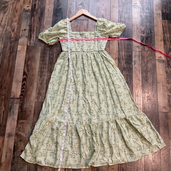 Pleated Tiered Midi Floral Dress Puff Sleeves Medium Mint - Picture 6 of 7